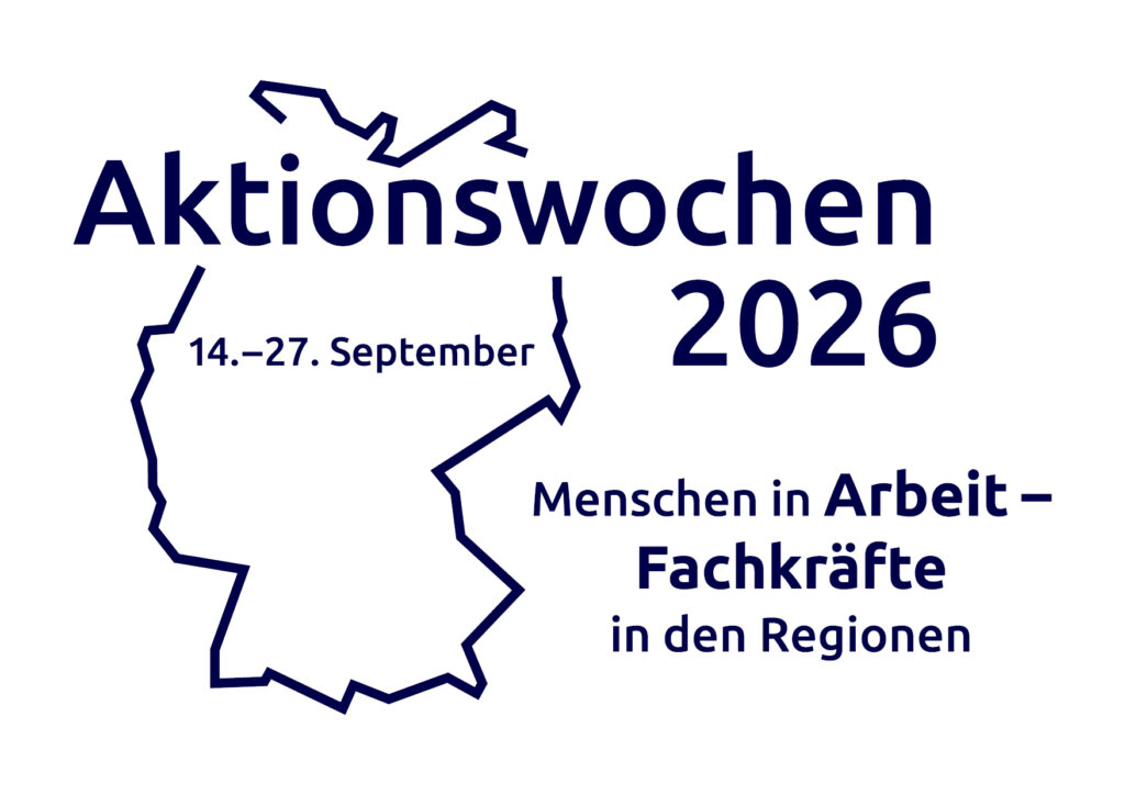 Logo der Aktionswochen mit dem Untertitel Menschen in Arbeit – Fachkräfte in den Regionen. 14. bis 27. September